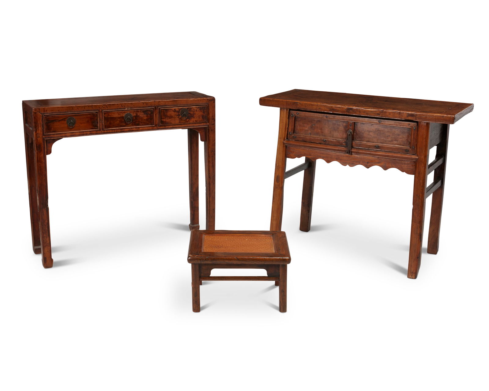 Two East Asian console tables and a stool: Two East Asian console tables and a stoolLate 19th/early 20th centuryEach appears unmarkedEach with mortis and tenon joints, comprising one table (34" H x 41.5" W x 19.25" D) with three