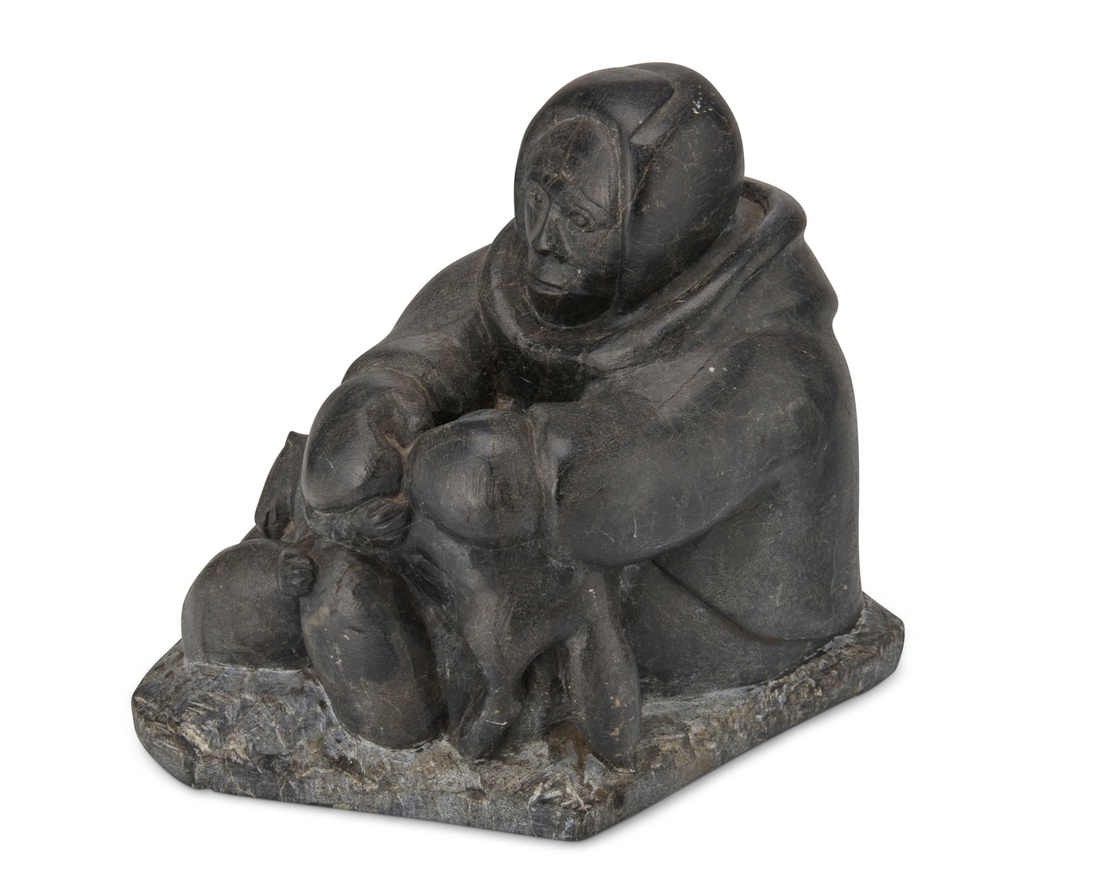 Syollie Weetaluktuk (1906-1962, Inuit; Port Harrison/Inukjuak), Carved figure skinning a fox: Syollie Weetaluktuk (1906-1962, Inuit; Port Harrison/Inukjuak) Carved figure skinning a fox Stone Signed syllabically to underside and with artist's disc number: EF1745; further marked with sticker: c