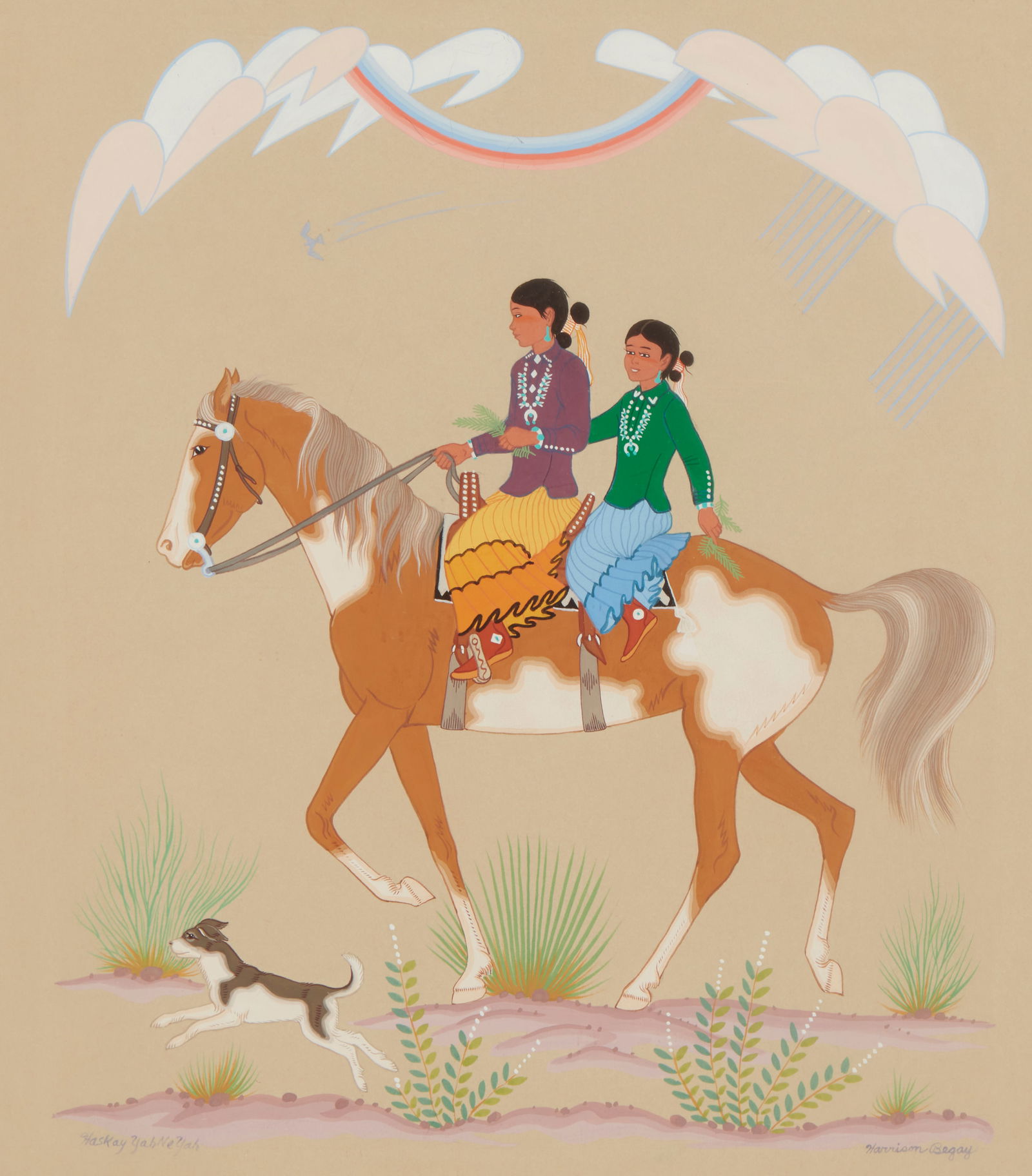 Harrison (Haskay Yahne Yah) Begay (1917-2012, Navajo/Dine), Two riders on a horse, Gouache on beige (1 of 6)