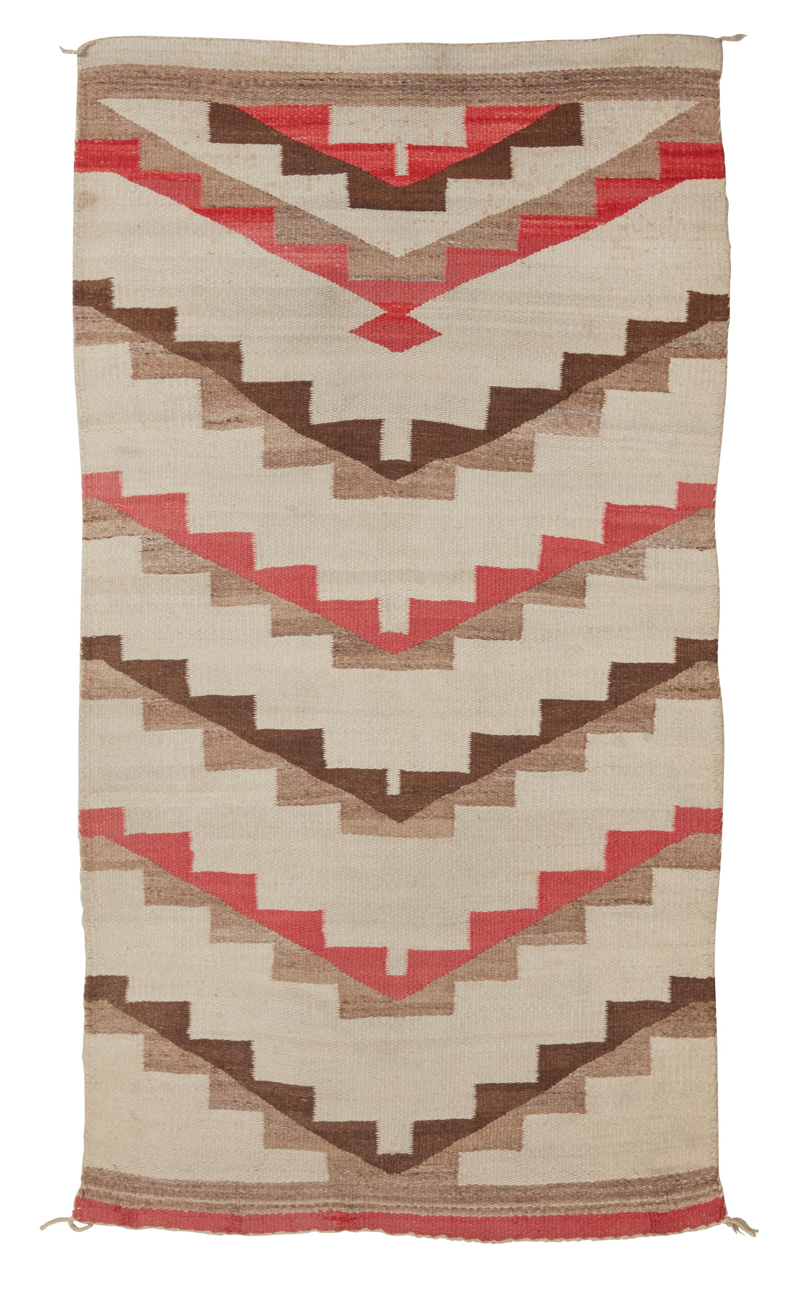 A Navajo regional rug: A Navajo regional rug Early/mid-20th century, DinE Woven in cream, natural grey, brown and red wool with a repeating stepped V motif 53" H x 29" W