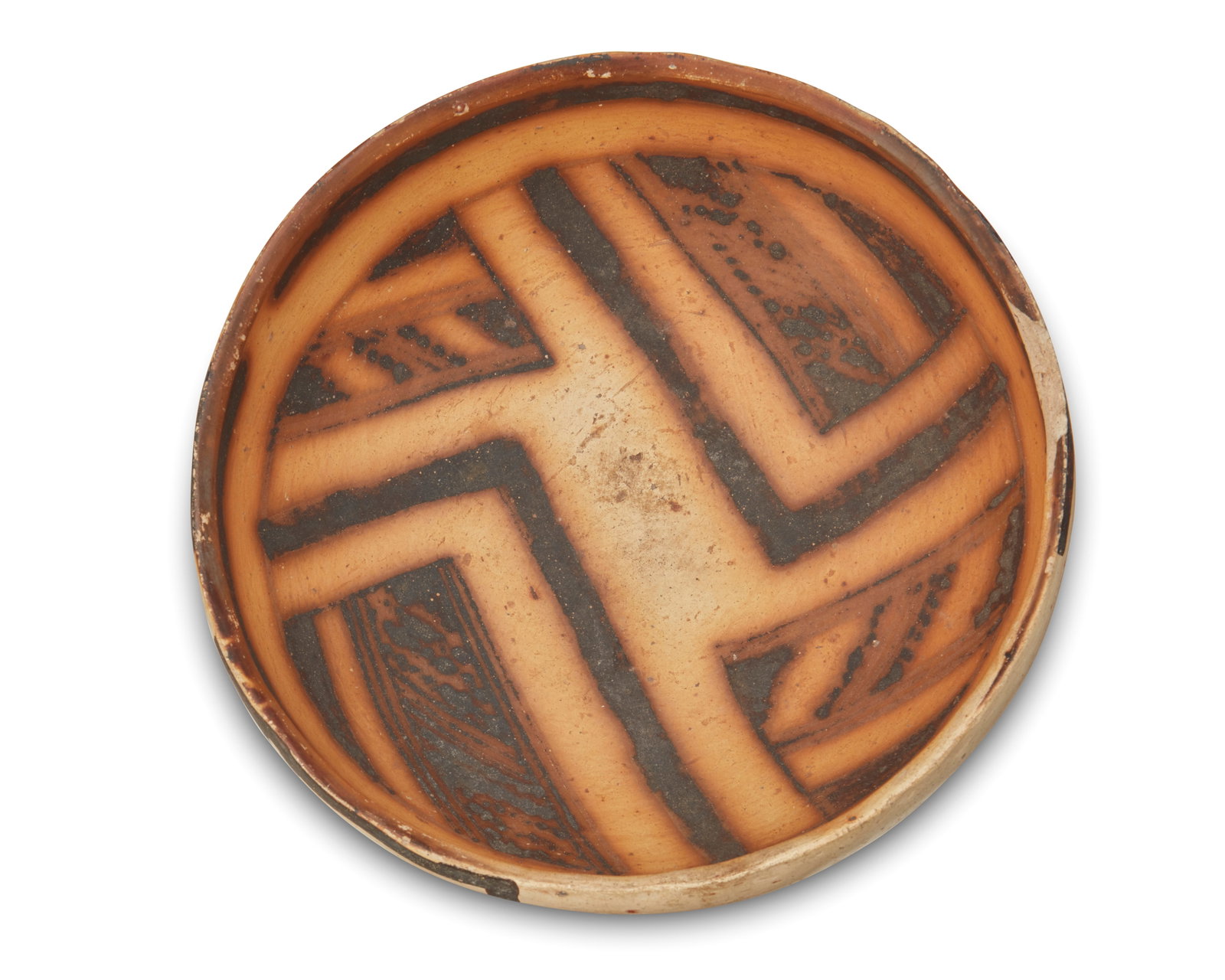 A Hopi Jeditto pottery bowl: A Hopi Jeditto pottery bowl Pre-1500 AD Unmarked The ghost fired black on yellow bowl with a Four Directions motif 3.5" H x 8.25" Dia. Provenance: Private Collection, Southern California