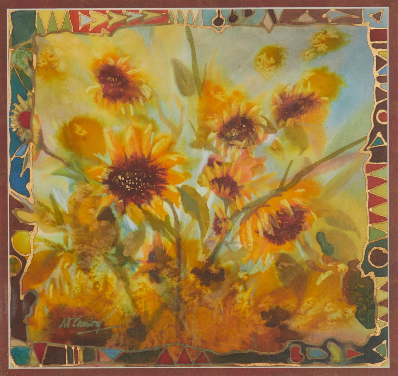 Nancy Cawdrey (b.1948), Sunflowers, Mixed media on silk over mat board, Sight: 11.25" H x 11.875" W (1 of 5)