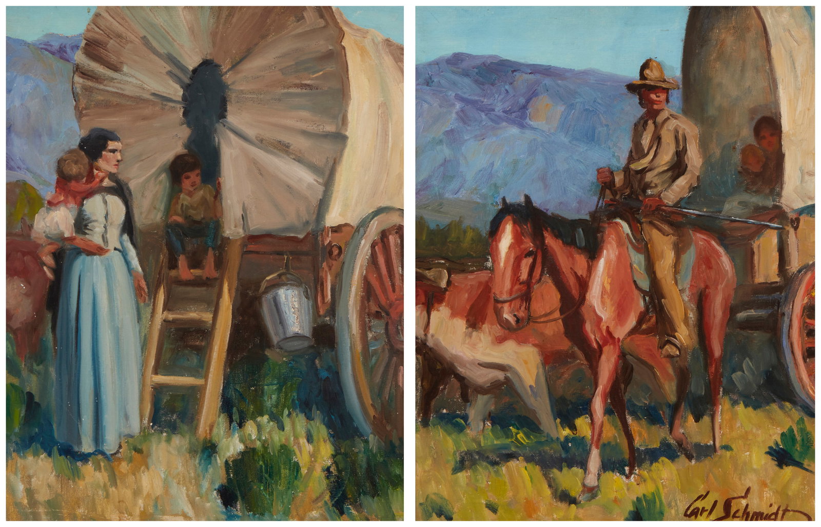 Carl Schmidt (1885-1969), Two works: A figure on horseback pulling a wagon, Oil on canvas, 20" H x (1 of 9)
