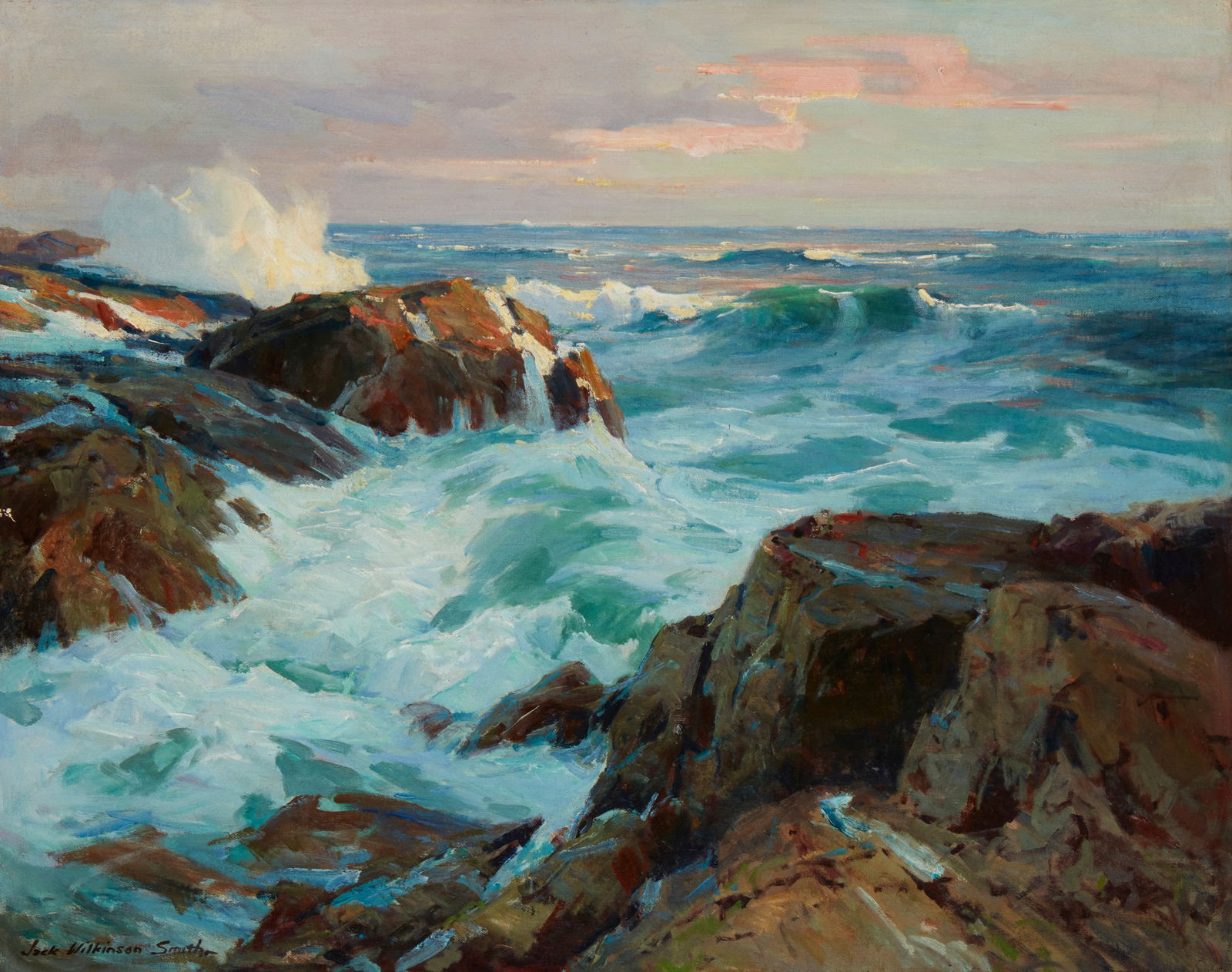 Jack Wilkinson Smith (1873-1949), Coastal eddy with large rocks and crashing waves, Oil on canvas,: Jack Wilkinson Smith(1873-1949)Coastal eddy with large rocks and crashing wavesOil on canvasSigned lower left: Jack Wilkinson Smith24" H x 30" W