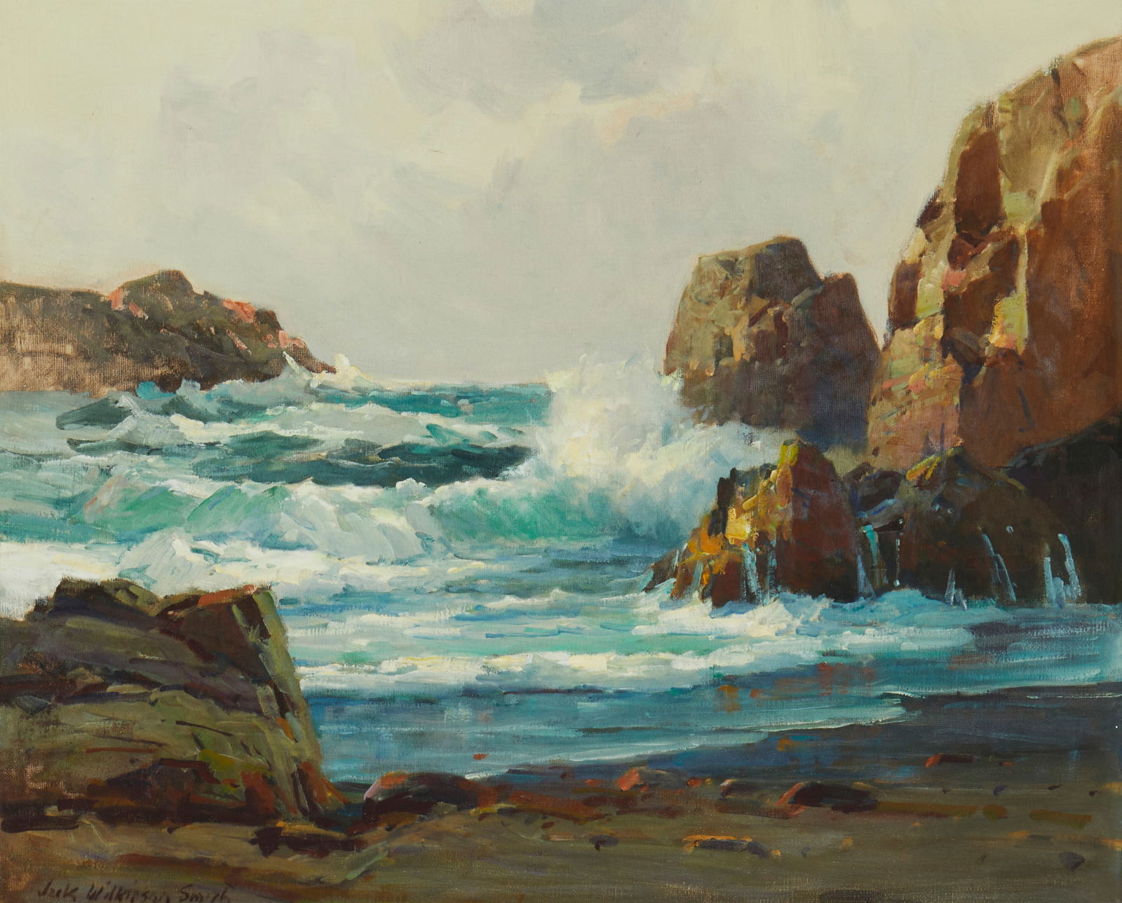 Jack Wilkinson Smith, California Coast, Oil on canvas, 20" H x 24" W: Jack Wilkinson Smith(1873-1949)"California Coast"Oil on canvasSigned lower left: Jack Wilkinson Smith; titled in pencil on the stretcher20" H x 24" W Provenance: Sold: John Moran A