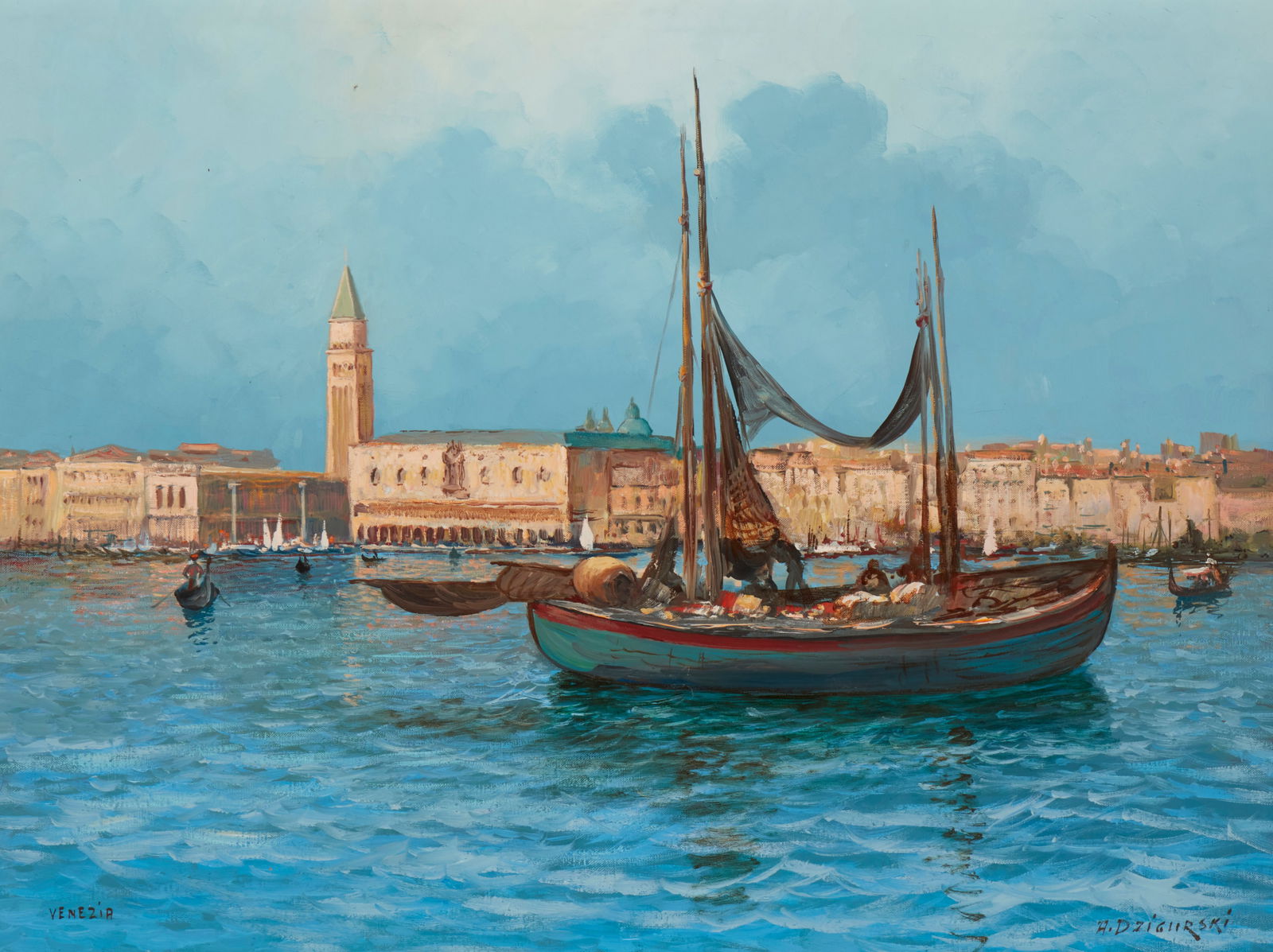 Alexander Dzigurski (1911-1995), "Venezia," circa 1963, Oil on canvas, 22" H x 30" W: Alexander Dzigurski(1911-1995)"Venezia," circa 1963Oil on canvasSigned and titled in the lower edge: A. Dzigurski; with the artist's copyright ink stamp verso; dated on a label affixed to th