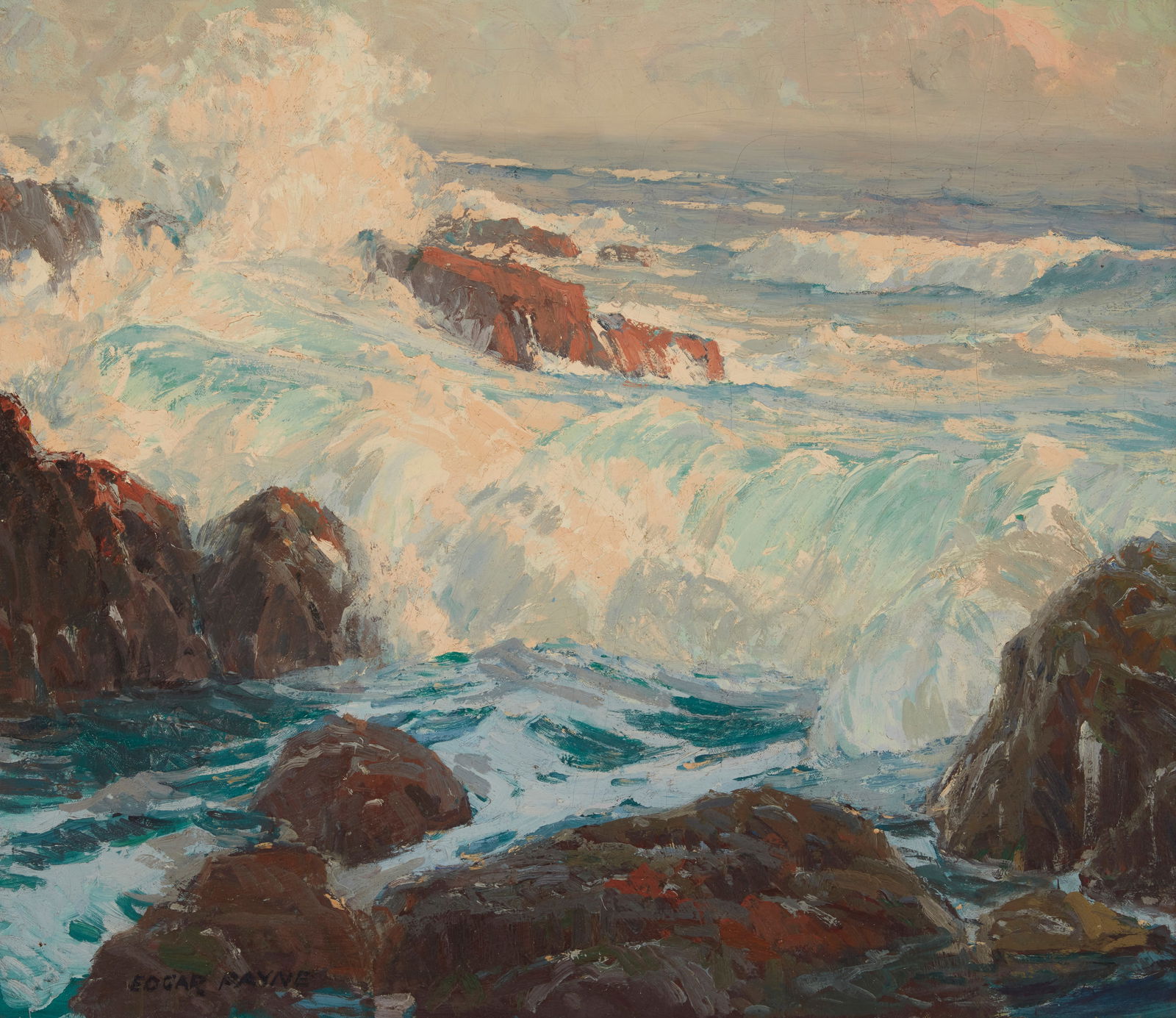 Edgar Alwin Payne (1883-1947), "Surf at Laguna," Oil on canvas laid to waxed canvas, 28" H x 32" W: Edgar Alwin Payne(1883-1947)"Surf at Laguna"Oil on canvas laid to waxed canvasSigned lower left: Edgar Payne; titled in ink on Elise Palmer Payne's business card affixed to the frame's foamb
