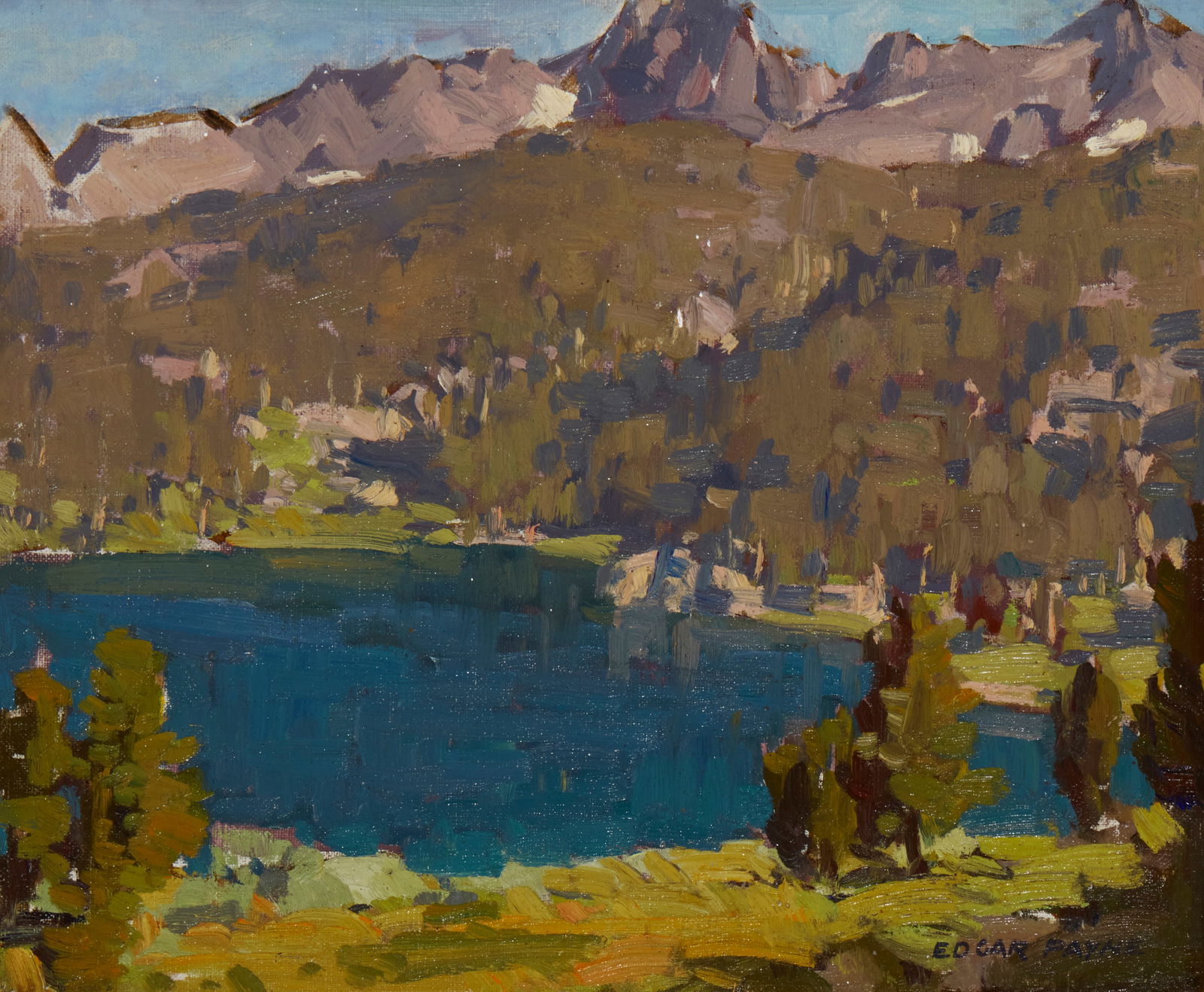 Edgar Alwin Payne (1883-1947), "High Sierra Lake Scene," Oil on canvas laid to waxed canvas, 12.25": Edgar Alwin Payne(1883-1947)"High Sierra Lake Scene"Oil on canvas laid to waxed canvasSigned lower right: Edgar Payne; titled on a gallery label affixed to the back of the frame12.25" H