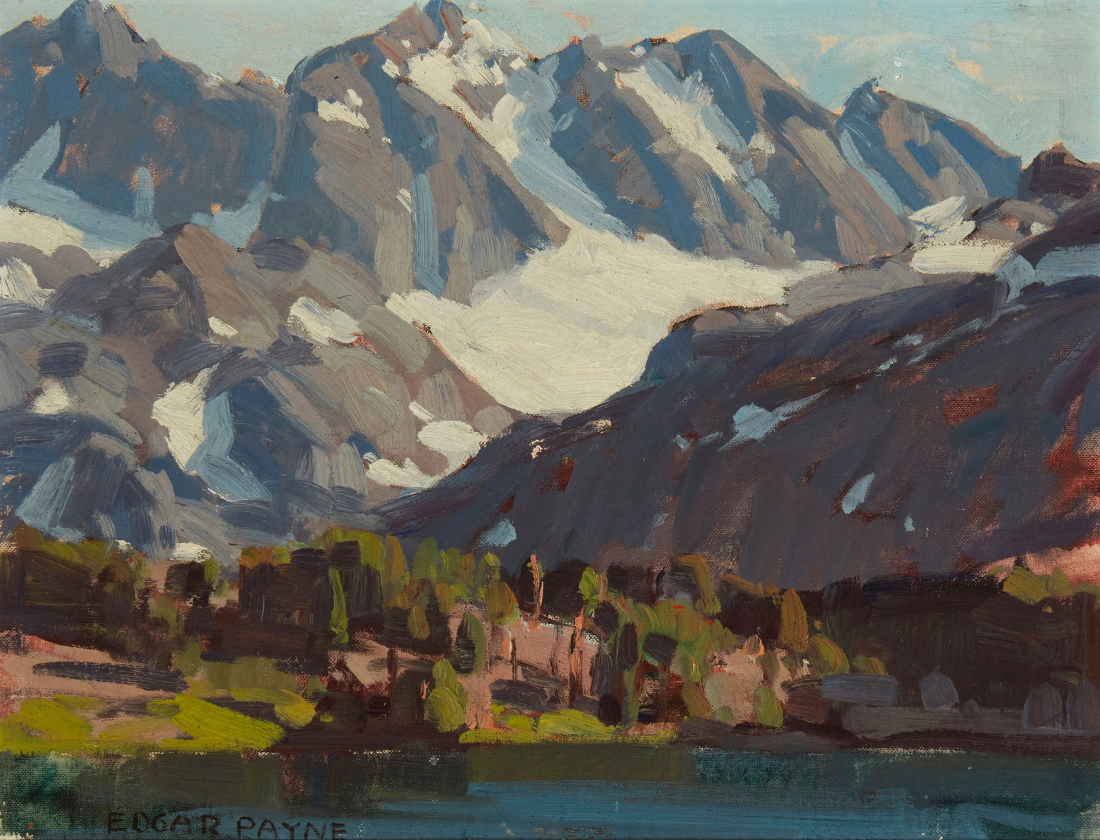 Edgar Alwin Payne (1883-1947), "Snow Lake, Sierras," Oil on board, 12" H x 16" W: Edgar Alwin Payne(1883-1947)"Snow Lake, Sierras"Oil on boardSigned; titled on the frame plaque; titled again on a label affixed, verso12" H x 16" W