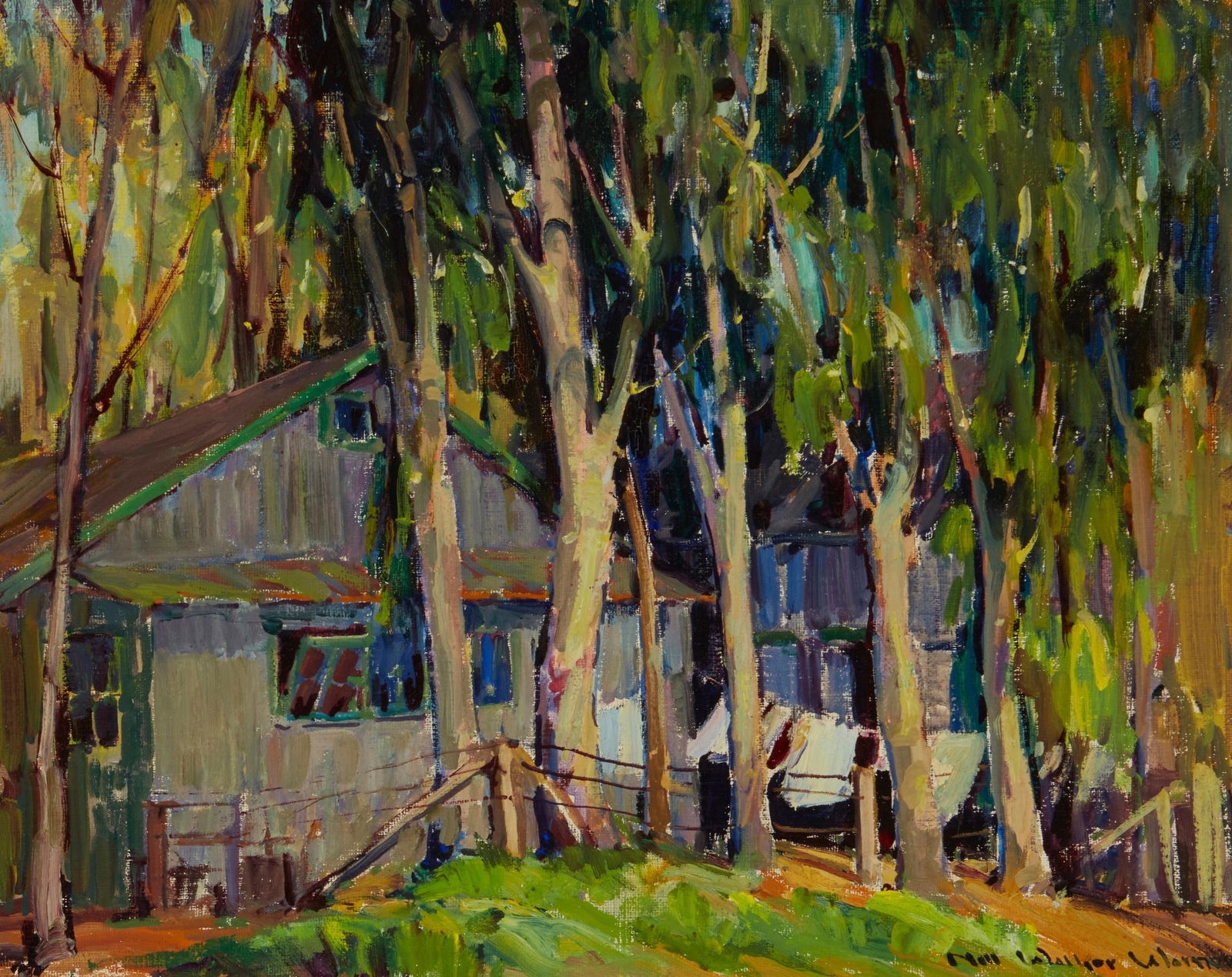 Nell Gertrude Walker Warner (1891-1970), "Wash Day at Griffith's," circa 1930, Oil on canvas, 16" H: Nell Gertrude Walker Warner(1891-1970)"Wash Day at Griffith's," circa 1930Oil on canvasSigned lower right: Nell Walker Warner; titled and dated on a collection label affixed to the stretcher