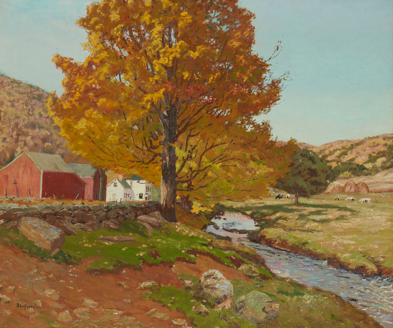 Ben Foster (1852-1926), "October in the Litchfield Hills," Oil on canvas, 30" H x 36" W: Ben Foster(1852-1926)"October in the Litchfield Hills"Oil on canvasSigned lower left: Ben Foster; titled and inscribed in ink on a label, possibly in another hand, affixed to the stretcher: