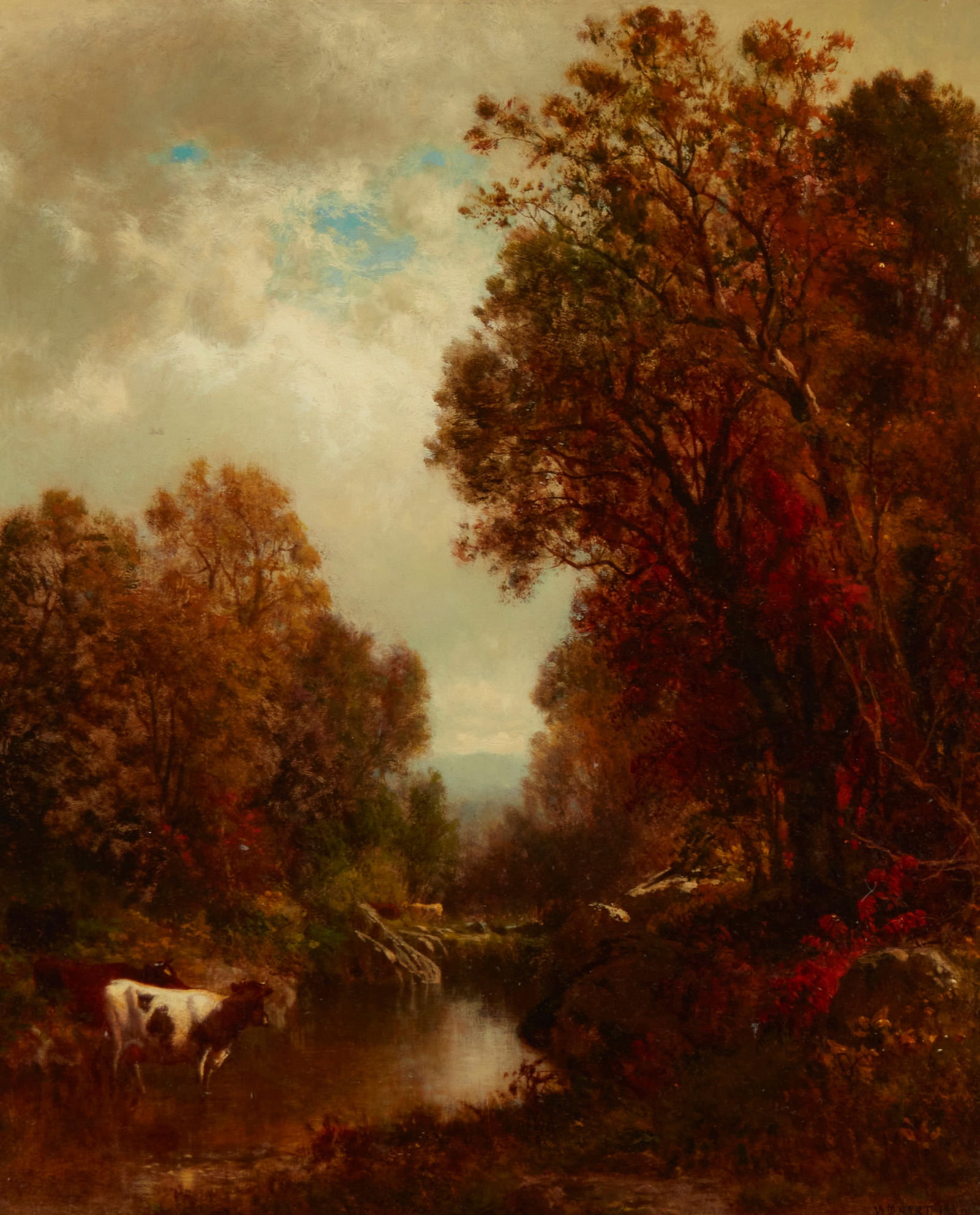 William Hart (1823-1894), "Autumn In Kent Valley," 1880, Oil on panel, 15" H x 12.5" W: William Hart(1823-1894)"Autumn In Kent Valley," 1880Oil on panelSigned and dated lower right: Wm Hart; titled on an exhibition label affixed to the frame, verso15" H x 12.5" W Prov