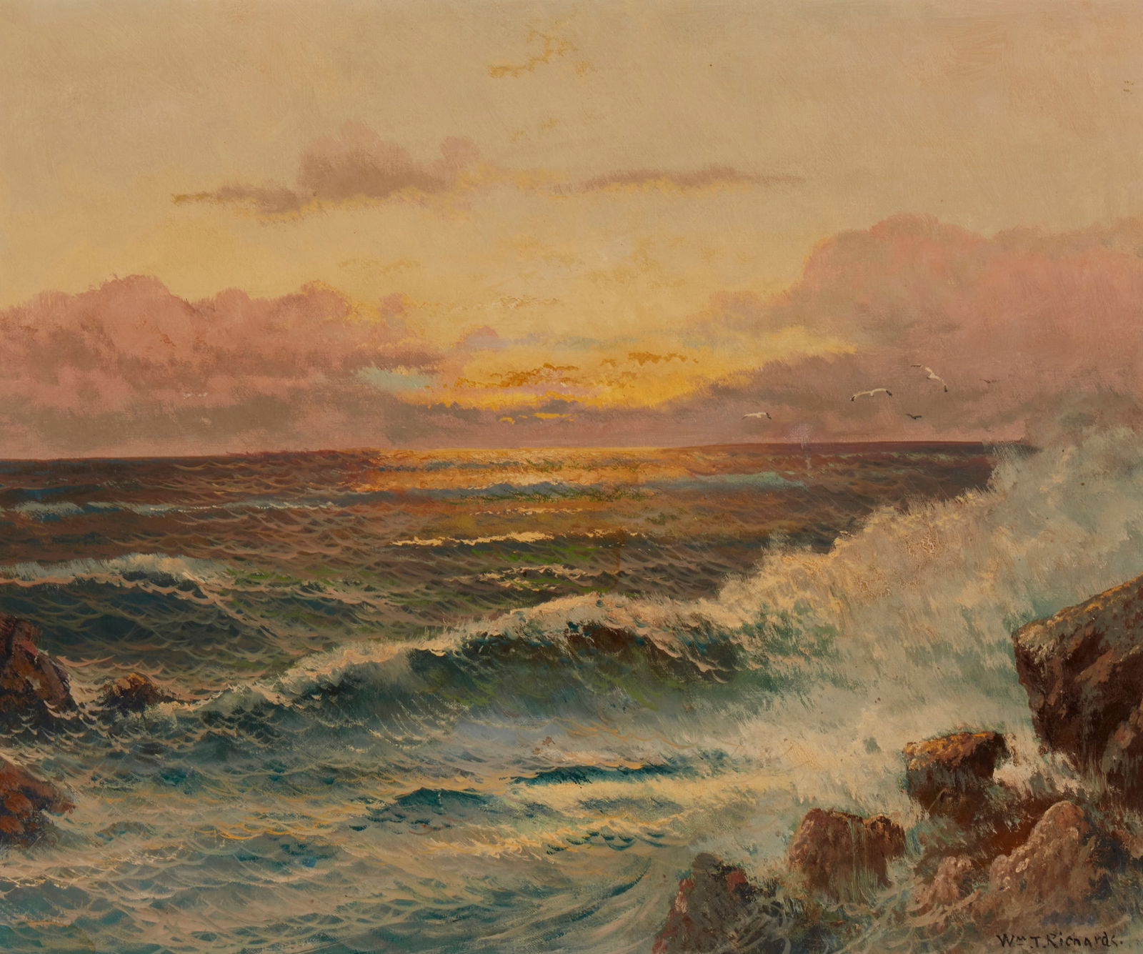 William Trost Richards (1833-1905), Waves crashing at sunset, Oil on canvas, 20.25" H x 24.25" W (1 of 6)