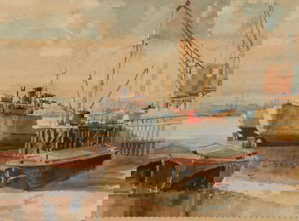 Donald Teague (1897-1991), "Greenwich," Watercolor on paper laid to paperboard, Image/Sheet: 19.25": Donald Teague(1897-1991)"Greenwich"Watercolor on paper laid to paperboardSigned, titled, and inscribed at the lower edge: Donald Teague / N.A.Image/Sheet: 19.25" H x 24" W
