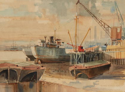 Donald Teague (1897-1991), "Greenwich," Watercolor on paper laid to paperboard, Image/Sheet: 19.25": Donald Teague (1897-1991) "Greenwich" Watercolor on paper laid to paperboard Signed, titled, and inscribed at the lower edge: Donald Teague / N.A. Image/Sheet: 19.25" H x 24" W