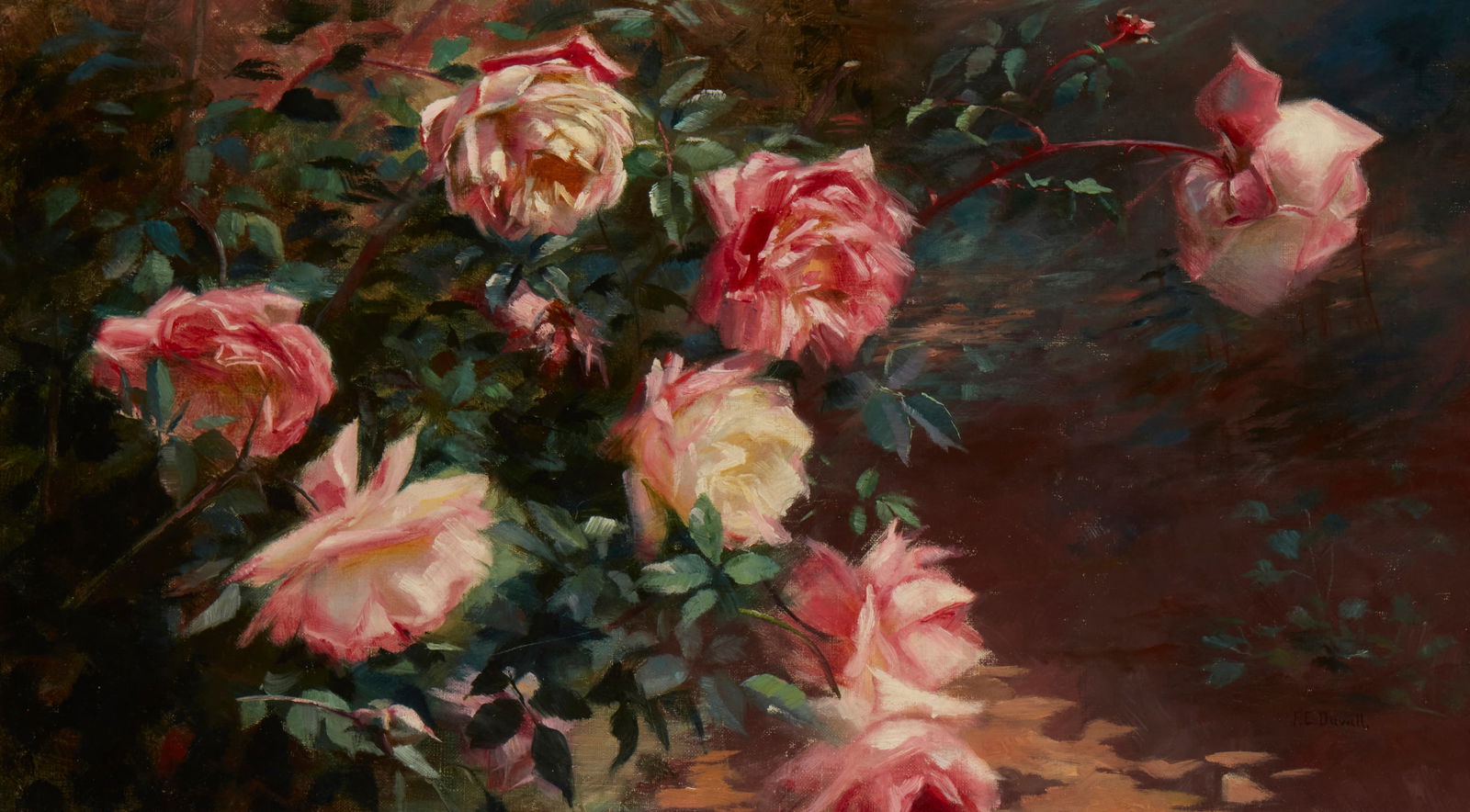 Fannie Eliza Duvall (1861-1934), Still life of roses, Oil on canvas, 14.25" H x 24" W: Fannie Eliza Duvall(1861-1934)Still life of rosesOil on canvasSigned lower right: F.E. Duvall14.25" H x 24" W