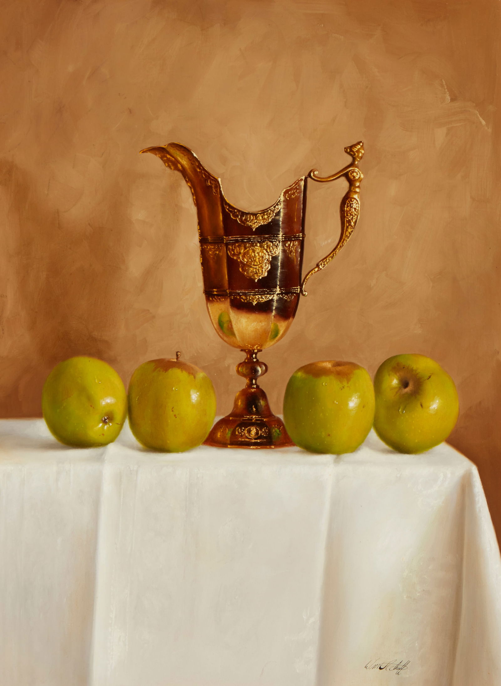 William Acheff (b. 1947), "Apples and Silver Gilt Ewer," Oil on canvas, 24" H x 18" W: William Acheff(b. 1947)"Apples and Silver Gilt Ewer"Oil on canvasSigned lower right: Wm Acheff; titled on stretcher24" H x 18" W