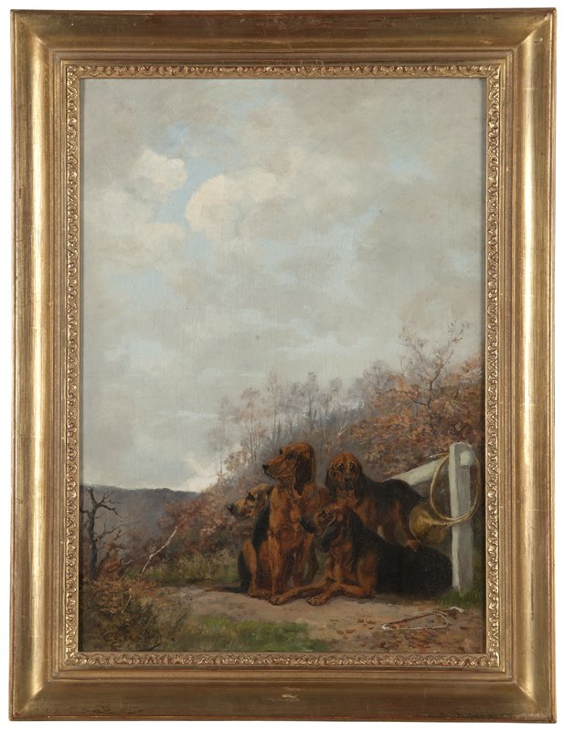 Georges La Rocque (1839-1932): Bloodhounds resting after a hunt, signed lower left: G. la Rocque, oil on canvas, 18.25'' x 13.25'', est:$600/800. Provenance: Private Collection, Los Angeles, CA