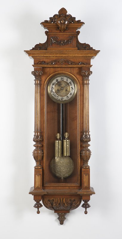 A Vienna Alt Deutsch wall regulator: Circa 1875, signed to back plate ''Gustav Becker'' within a circular seal, with a ''Medaille d'or'' circular seal and stamped ''56869'', the silvered sunken dial with black enamel Arabic numerals, wit