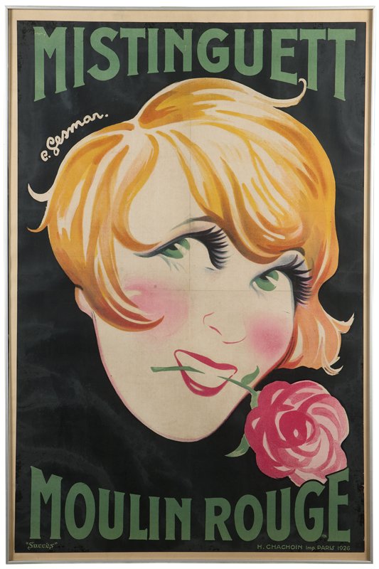 Charles Gesmar (1900-1928 French), poster: Mistinguett Moulin Rouge, 1926, color lithograph poster laid to board under Plexiglas, printed by H. Chachoin Imp., Paris, paper size: 46.75'' H x 30.75'' W, est:$800/1200. Provenance: Private Collect