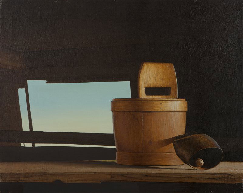 Sergon (1945-*): In the Shed, Still life with bell and wood box, signed and dated lower right: Sergon '81, signed and dated again and titled verso, numbered on the stretcher: #200, unframed oil on canvas, 24'' x 30'',