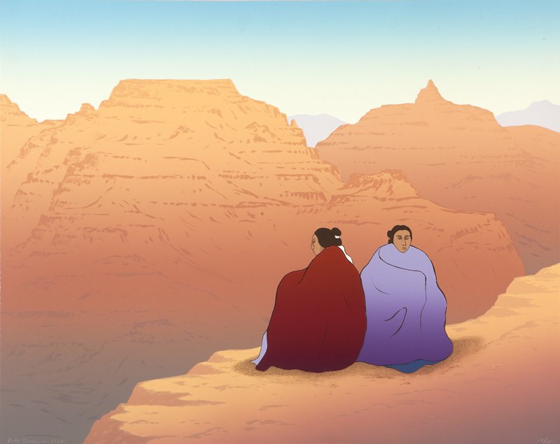 R. C. Gorman (1932-2005): Two women in a Southwest landscape, signed and dated in pencil lower left: R.C. Gorman 1988, numbered in pencil lower right: 56/225 and with artist's blind stamps lower center, unframed colored lithog