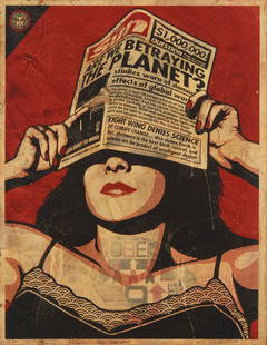 Shepard Fairey (b. 1970), "Global Warming", 2010, Screenprint in colors, collage, and hand-painted: Shepard Fairey(b. 1970)"Global Warming," 2010Screenprint in colors, collage, and hand-painted (HPM) on woodEdition: 2/2 HPMSigned, dated, and numbered in pencil in the lower edge: Shepard Fa