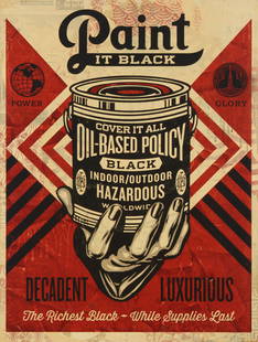 Shepard Fairey (b. 1970), "Paint it Black," 2014, Screenprint in colors, collage, and hand-painted: Shepard Fairey(b. 1970)&quot;Paint it Black,&quot; 2014Screenprint in colors, collage, and hand-painted (HPM) on woodEdition: 1/6 HPMSigned, dated, and numbered in pencil in the lower edge: Shepard Fa