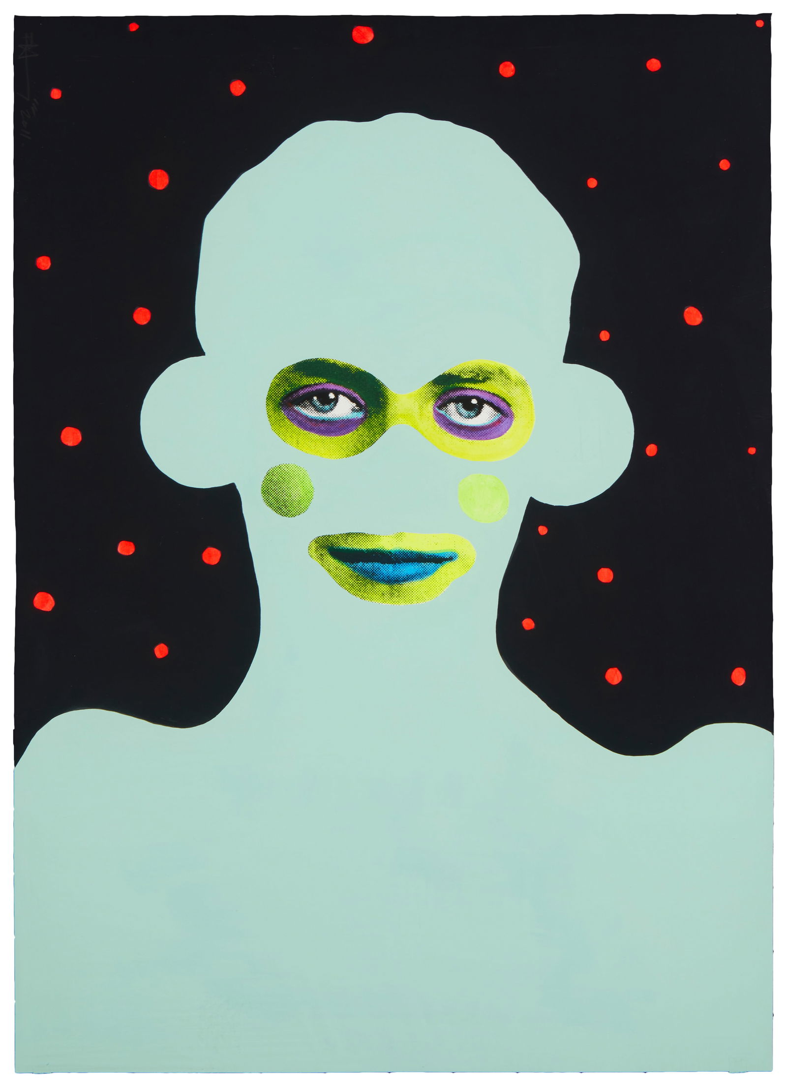 Paul Insect (b. 1971), Untitled, abstract figure, 2001, Screenprint in colors with acrylic and: Paul Insect(b. 1971)Untitled, abstract figure, 2001Screenprint in colors with acrylic and marker on black paperSigned and dated in white pencil along the upper left edge: P. InsectSheet: 27.5" H