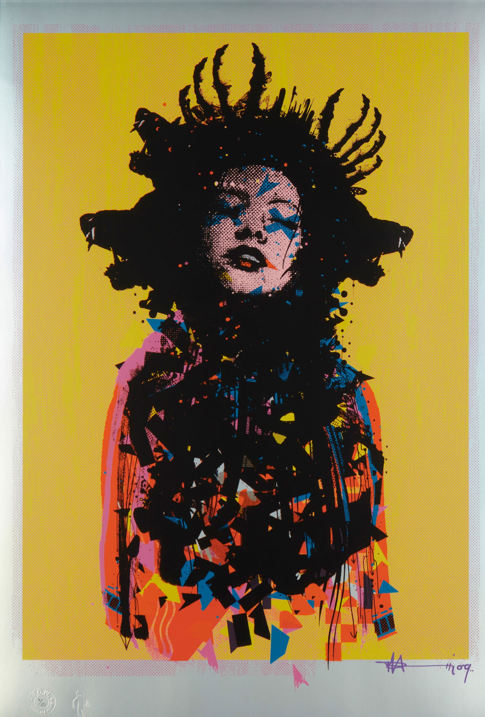 Paul Insect (b. 1971), "Happy Dreams," 2009, Screenprint in colors on paper, Sight: 31" H x 22" W: Paul Insect(b. 1971)"Happy Dreams," 2009Screenprint in colors on paperEdition: 7/25Signed, dated, and numbered in the lower margin: Paul Insect; with printer and publisher blindstamps in the