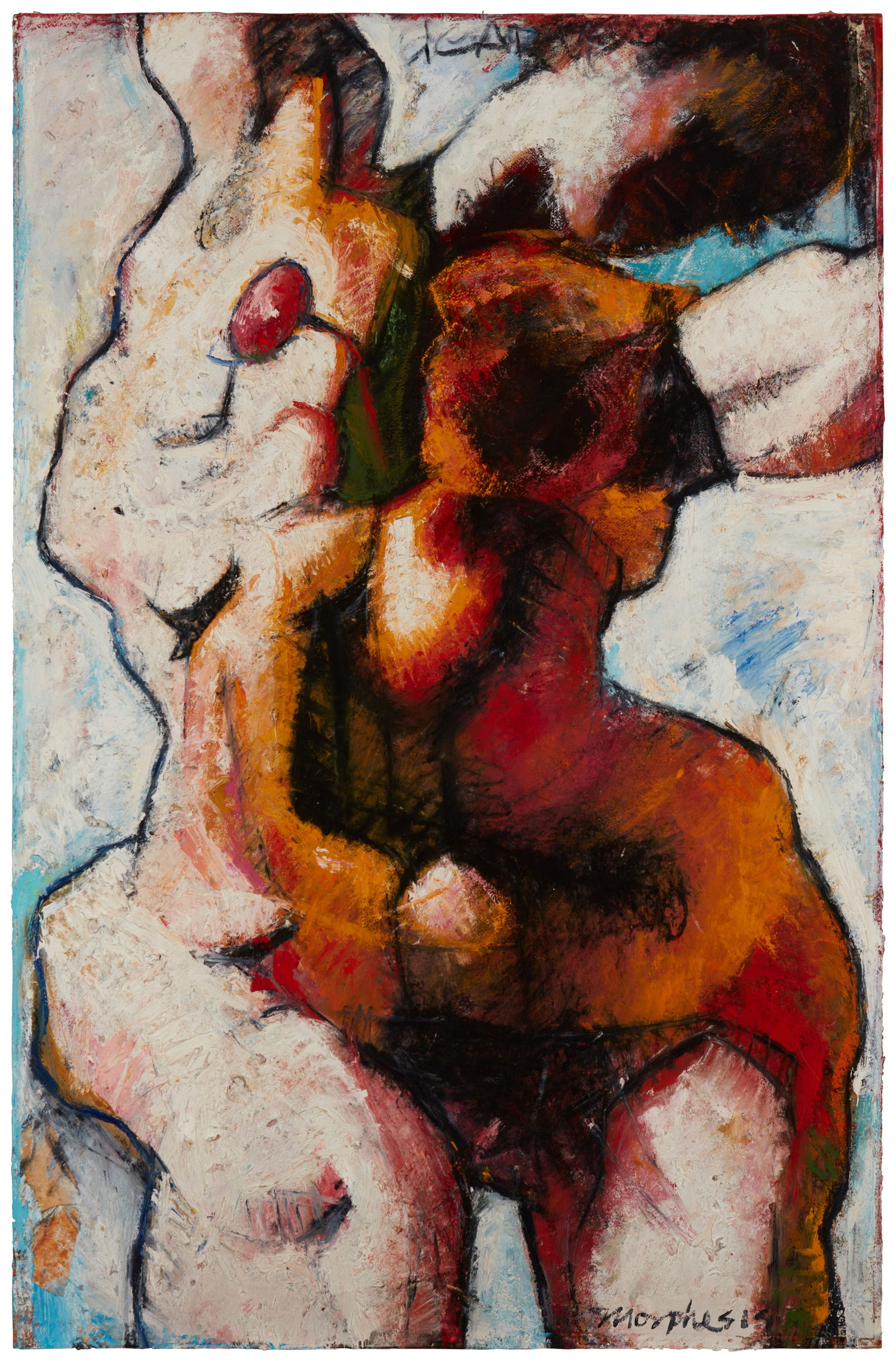 Jim Morphesis (b. 1948), "Icarus Figure in White," 1990, Oil, acrylic, charcoal, and collage on: Jim Morphesis(b. 1948)"Icarus Figure in White," 1990Oil, acrylic, charcoal, and collage on panelSigned lower right: Morphesis; titled and dated on a label affixed verso46" H x 30"