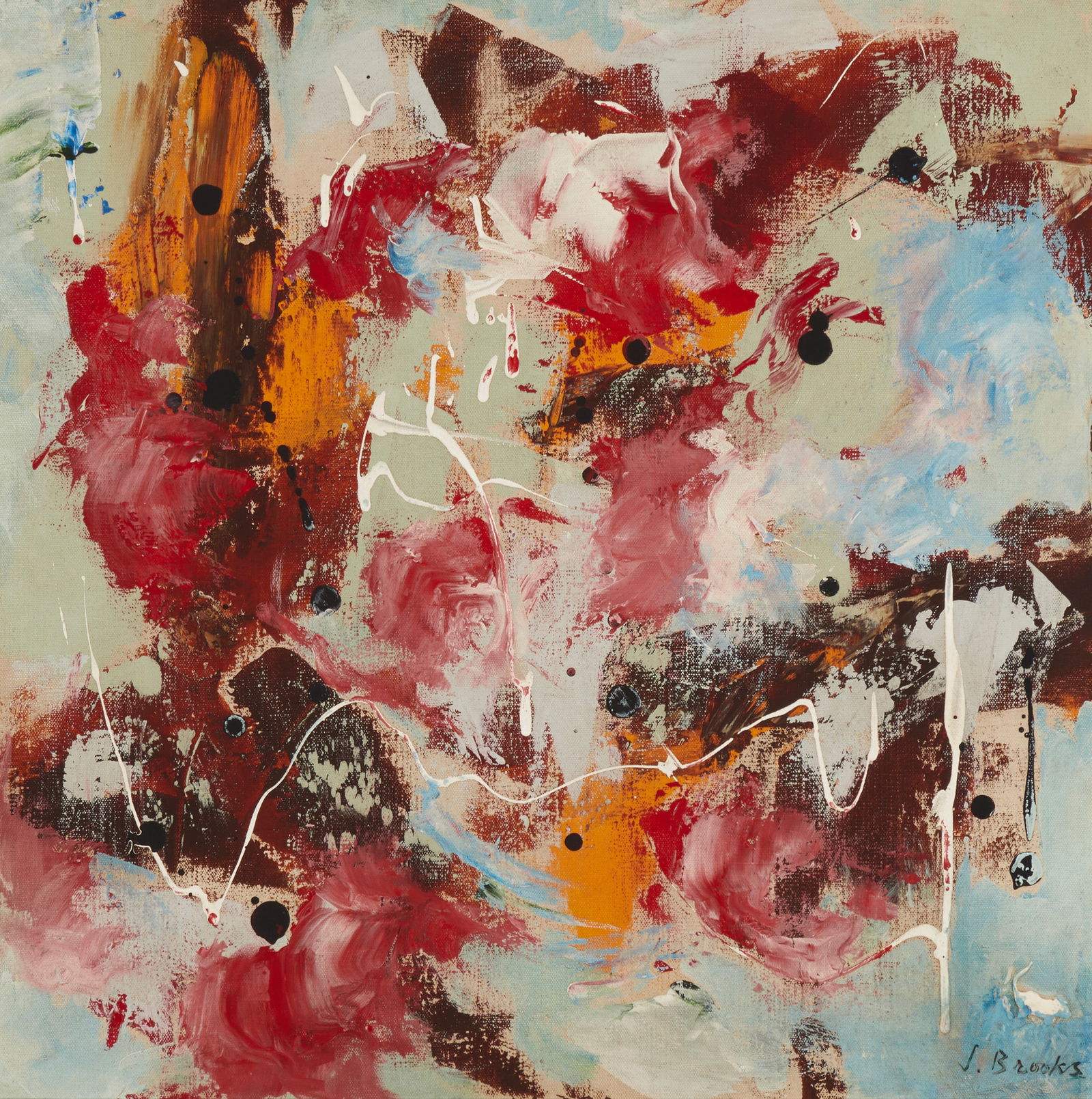 James D. Brooks (1906-1992), Untitled, abstraction, Acrylic on canvas, 24" H x 24" W: James D. Brooks(1906-1992)Untitled, abstractionAcrylic on canvasSigned lower right: J. Brooks24" H x 24" W Provenance: Arthur T. Kalaher Fine Art Gallery, Southampton, NYSold: Trinity