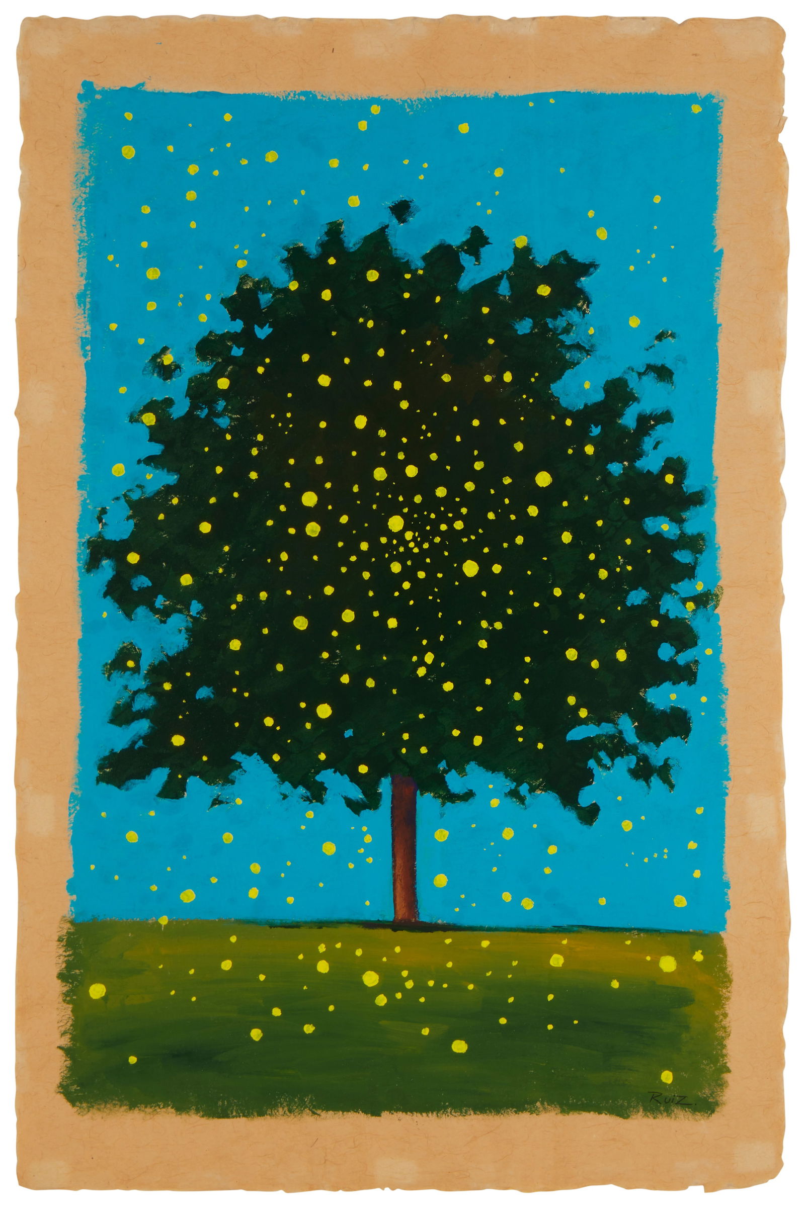 Pedro Ruiz (b. 1957), Fireflies surrounding a tree, Oil on beige handmade paper, Sheet: 30.5" H x: Pedro Ruiz(b. 1957)Fireflies surrounding a treeOil on beige handmade paperSigned in pencil lower right: RuizSheet: 30.5" H x 20.75" W