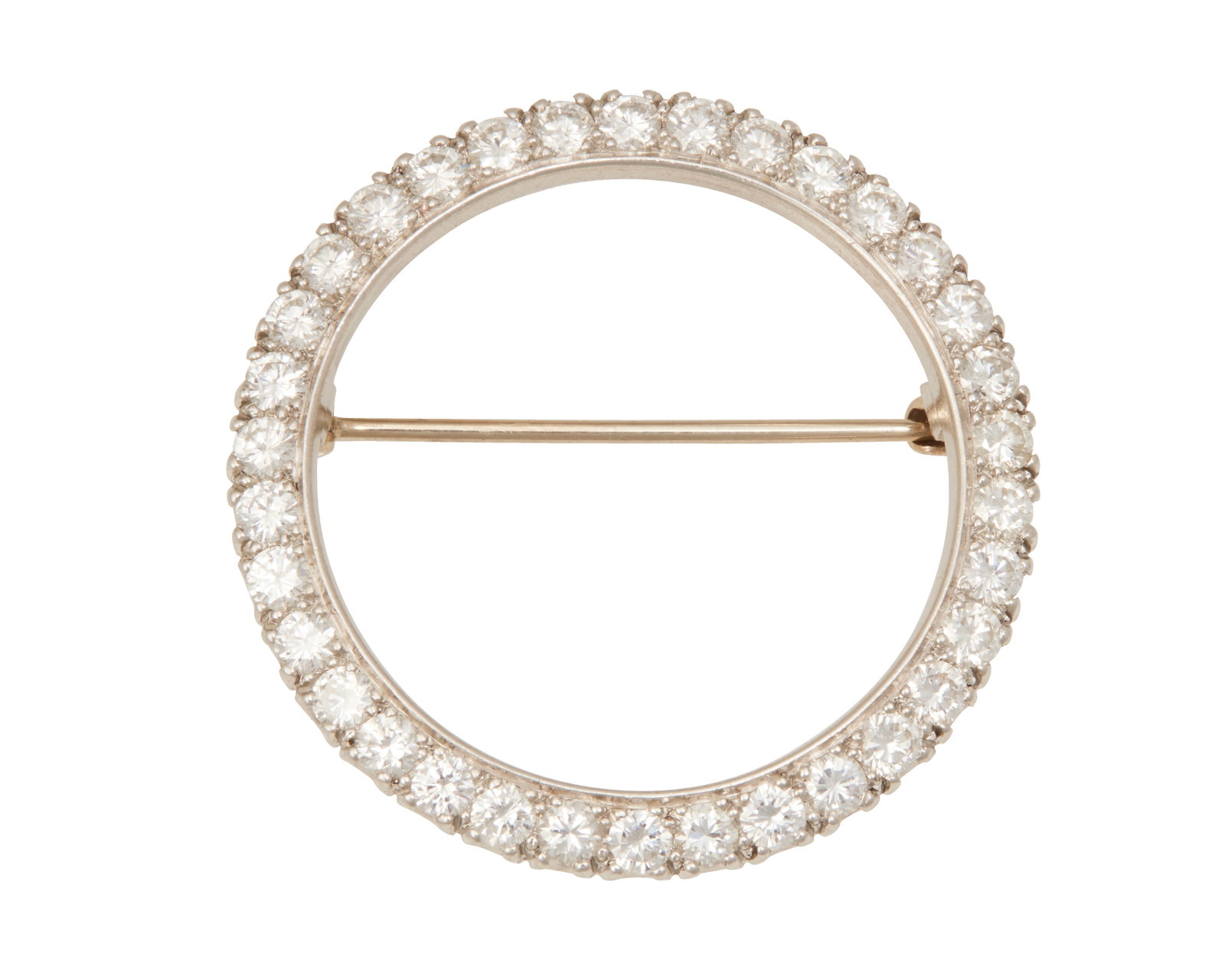 A Diamond Brooch: A Diamond Brooch The circular brooch set with 34 round brilliant-cut diamonds weighing approximately 2.29 carats, in platinum. 9.20 grams 1 1/4" Dia.