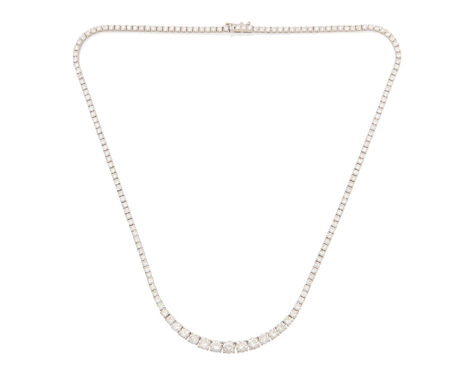 A Diamond Necklace: A Diamond NecklaceSet with 158 graduating round brilliant-cut diamonds weighing approximately 11.08 carats, in 14K white gold.16.97 gramsLength: 17"