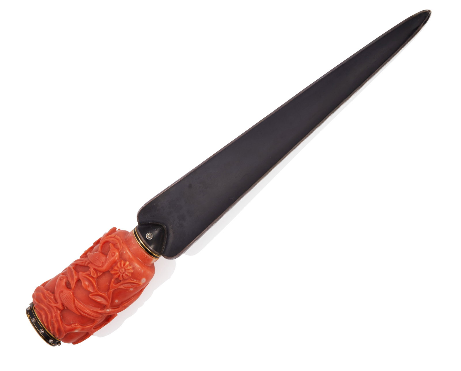 An Art Deco Coral Enamel Letter Opener, French: An Art Deco Coral Enamel Letter Opener, French The letter opener features a carved coral handle with a diamond, enamel and gold cap, stamped with French gold marks, atop an enameled silver blade, c. 1