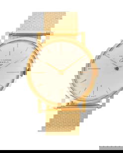 A Gold Wristwatch, Cartier: A Gold Wristwatch, CartierRef: 66097, retailed by Spritzer & FuhrmannDial: White with baton markers and hands, signed for Spritzer & Fuhrmann and CartierMovement: 21 jewel, Swiss made (movement not ex