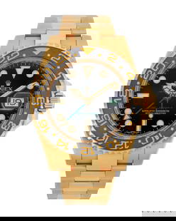 A Rolex GMT-Master II gold wristwatch: A Rolex GMT-Master II gold wristwatchDial: Circular black dial, date aperture, luminous dot hour markers, Luminous hands, Green ascent arrow hand for 2nd time-zone, signed: Rolex / Oyster Perpetural /