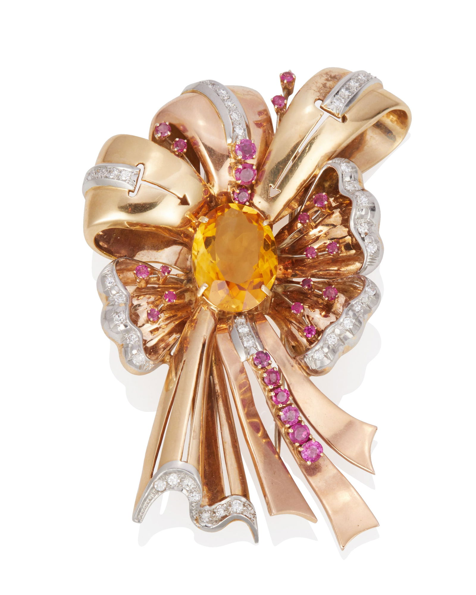 Retro Citrine Ruby, Diamond, and Gold Brooch (1 of 3)