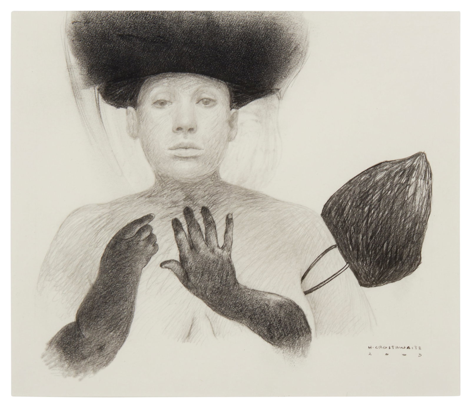 Hugo Crosthwaite (b. 1971), Woman with black gloves, 2005, Graphite on paper, Sight: 5.625" H x: Hugo Crosthwaite (b. 1971) Woman with black gloves, 2005 Graphite on paper Signed and dated in pencil at the lower right: H. Crosthwaite Sight: 5.625" H x 6.25" W