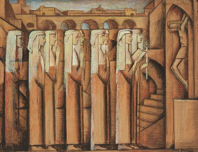 Alfredo Ramos Martinez (1871-1946), "Procession of Nuns," circa 1934, Tempera and conte crayon on: Alfredo Ramos Martinez(1871-1946)"Procession of Nuns," circa 1934Tempera and conté crayon on toned paperSigned lower right: Ramos Martinez; titled and dated on a gallery label affixed to the frame's