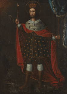 18th Century Spanish Colonial School, Saint Louis (Louis IX), Oil on canvas laid to waxed canvas,: 18th Century Spanish Colonial SchoolSaint Louis (Louis IX)Oil on canvas laid to waxed canvasAppears unsigned41" H x 30" WProvenance: Sold: Leland Little, Hillsborough, NC, "Session VI: