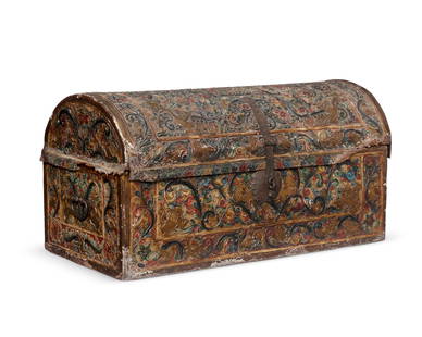 A Spanish Colonial tooled leather trunk: A Spanish Colonial tooled leather trunkLate 18th/early 19th centuryAppears unmarkedThe wood trunk with hinged barrel lid and three sides wrapped in polychromed tooled leather and the back of carved an