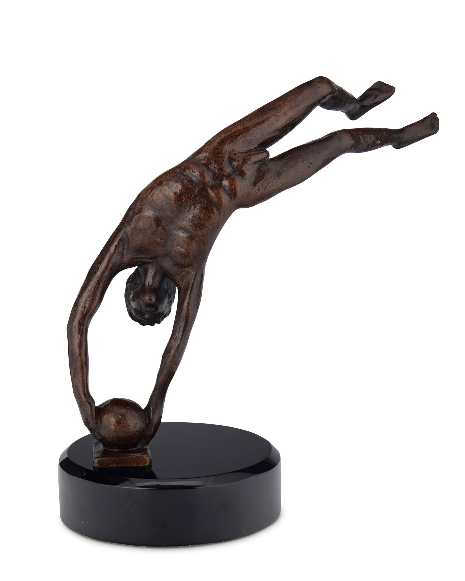 Victor Salmones (1937-1989), Man balancing on a ball: Victor Salmones (1937-1989) Man balancing on a ball Patinated bronze on stone base From the edition of unknown size and date Signed and impressed in the casting: C:47 / V. Salmones / 7:10 11.5" H