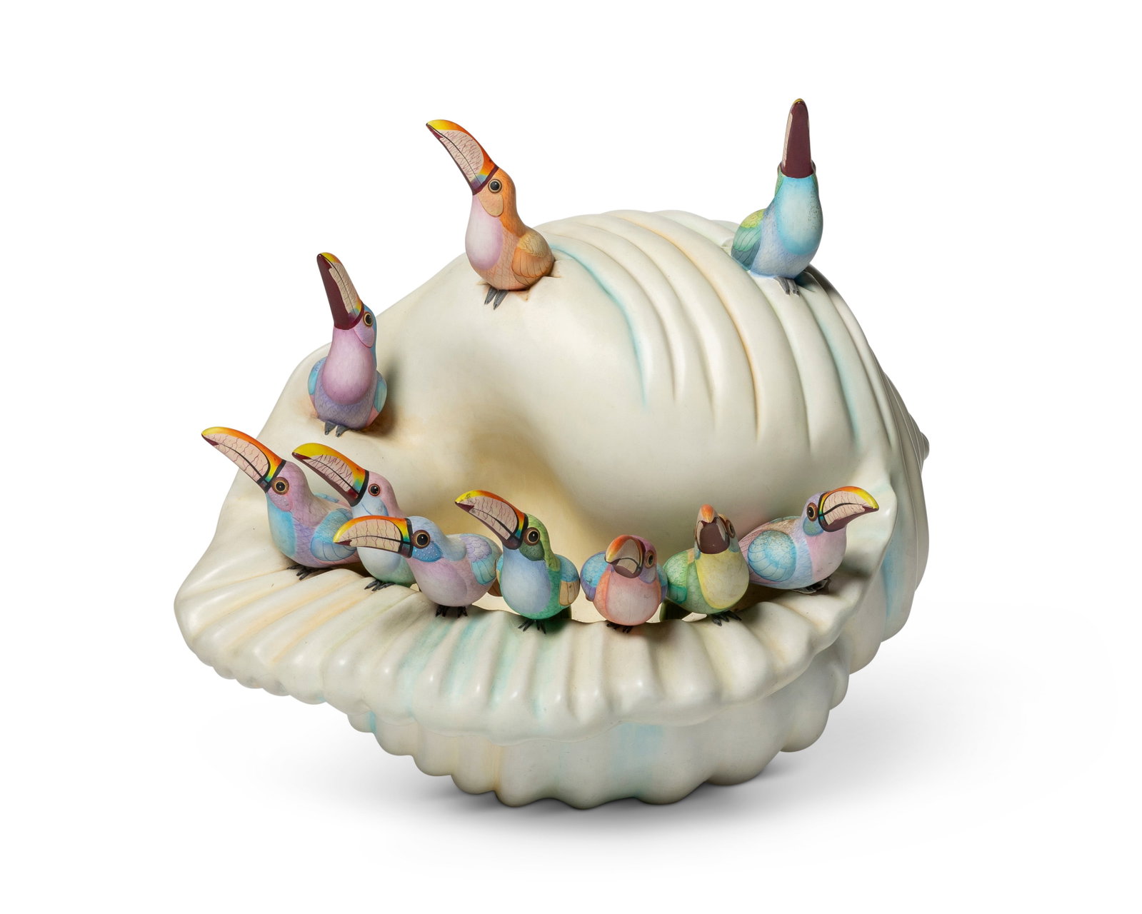 Sergio Bustamante (b. 1949), Snail no. 4 with toucans: Sergio Bustamante (b. 1949) Snail no. 4 with toucans Painted ceramic Signed to side of shell 20" H x 23" W x 17" D Provenance: Galeria de Arte y Artesanias de Puerto Vallarta, Jalisco, 