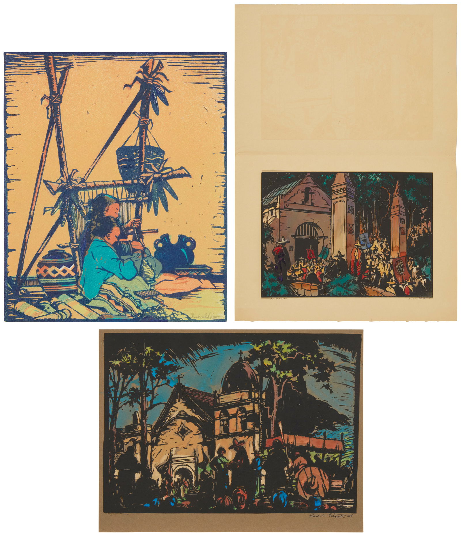 Paul Anton Schmitt (1893-1983), Three works: Mother and daughter weaving, Street-view of a church, (1 of 14)