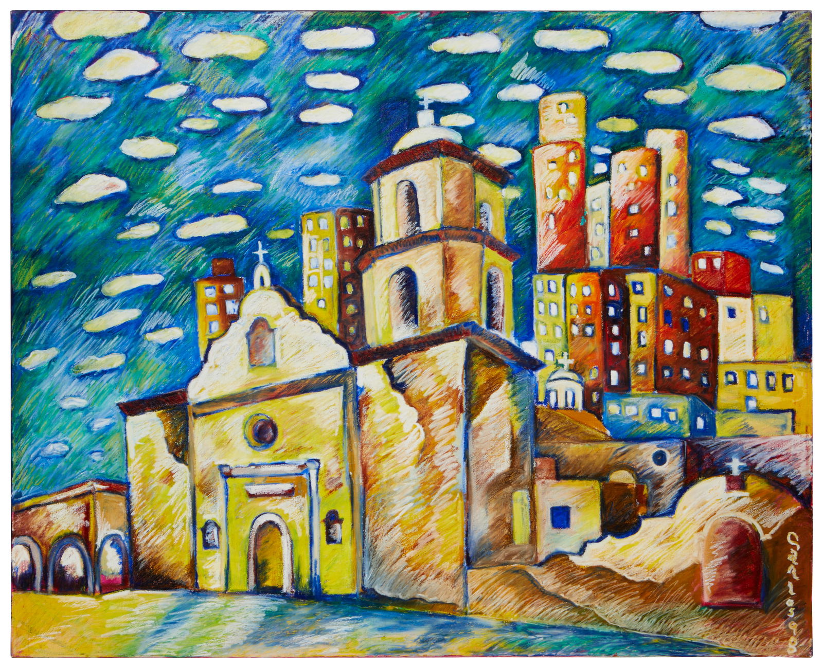 Attributed to Carlos Vargas (b. 20th century), Spanish mission-style church with distant city, 1998, (1 of 4)