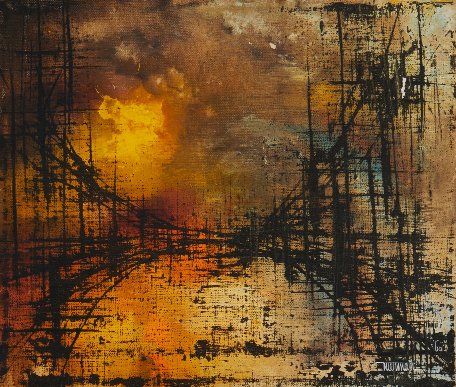 Leonardo Nierman (1932-2023), Abstract bridge, 1960, Oil on canvas, 9.75" H x 11.75" W (1 of 5)