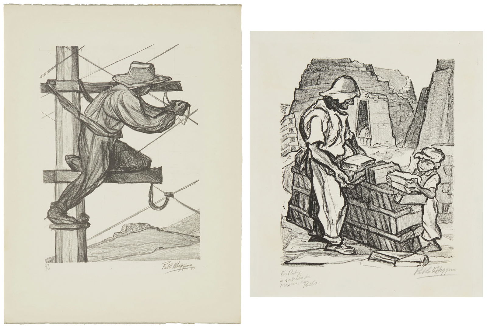 Pablo O'Higgins (1904-1983), "Brick Layer, Valley of Mexico," 1946, Lithograph on paper, Image: 14" (1 of 18)