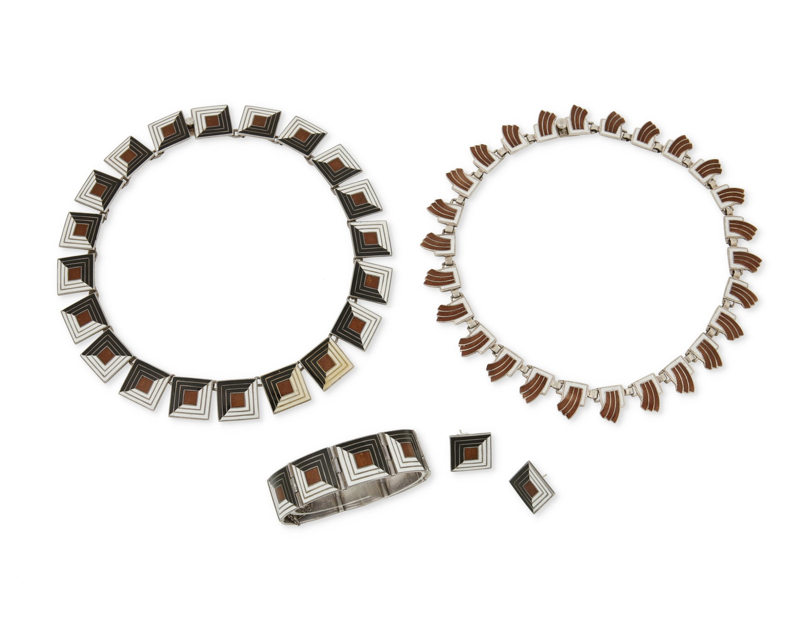 A group of Margo de Taxco silver and enamel jewelry: A group of Margo de Taxco silver and enamel jewelry Margot Van Voorhies (1896-1985) Circa 1955-1978; Taxco, Mexico Each stamped: Margot de Taxco / Sterling / Made in Mexico / [Eagle 16] / [Design numb